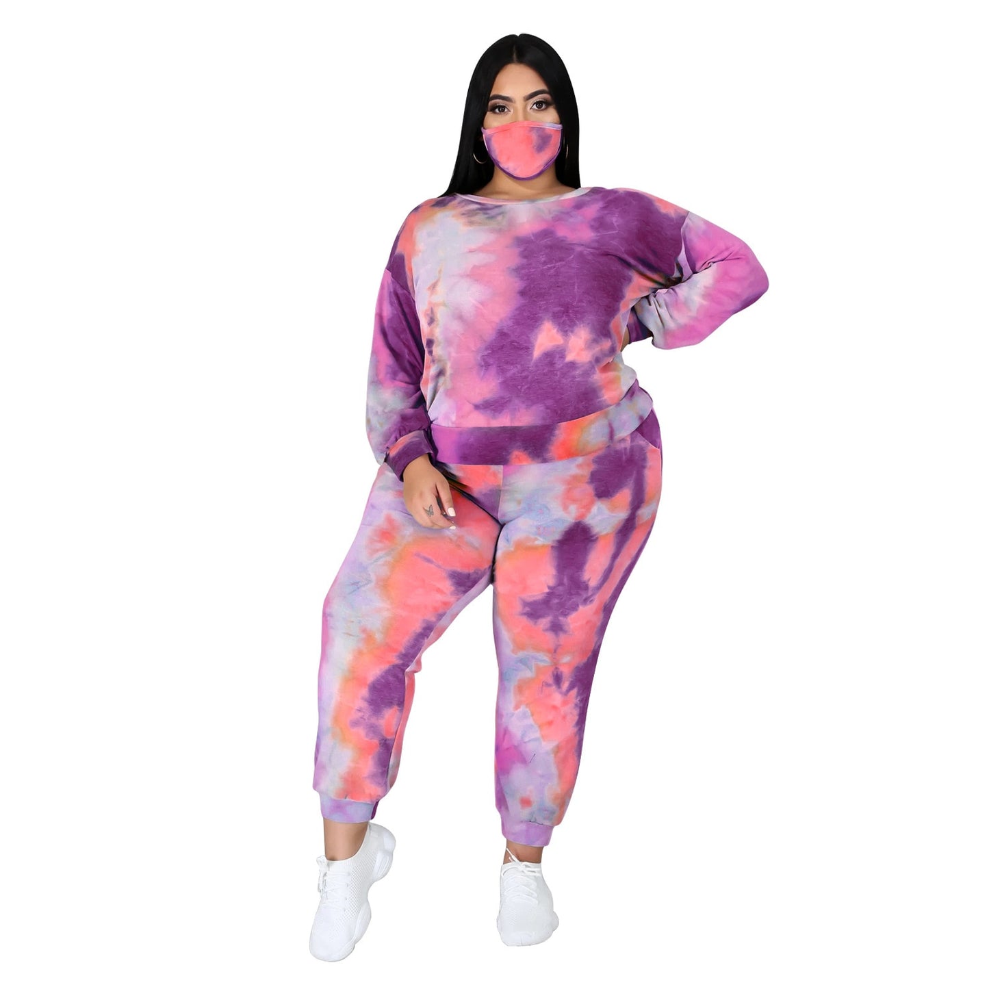 Tie-Dye Hollow-Out Open Lace-Up Back Long Sleeve Pullover Sweatshirt + Sweatpants Women's Tracksuit to 5X Plus Size