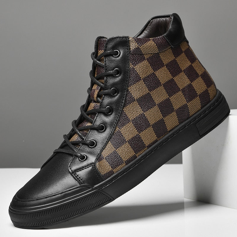 Checkered Pattern Genuine Leather Men's Ankle Boots