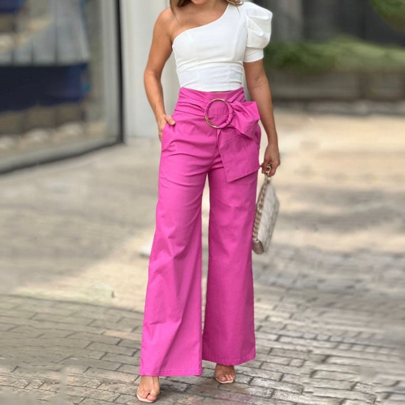 One Shoulder Puff Sleeve Solid Color Top Loose Wide Legs Lace Up With Pockets Pants 2-Piece Sets