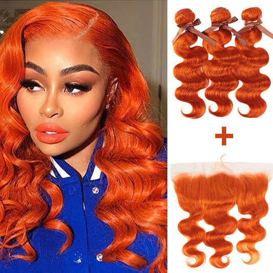 Body Wave Human Hair Bundles w/ Closure Blonde Orange Bundles With Frontal 3/4 Bundles With Closure Brazilian Hair