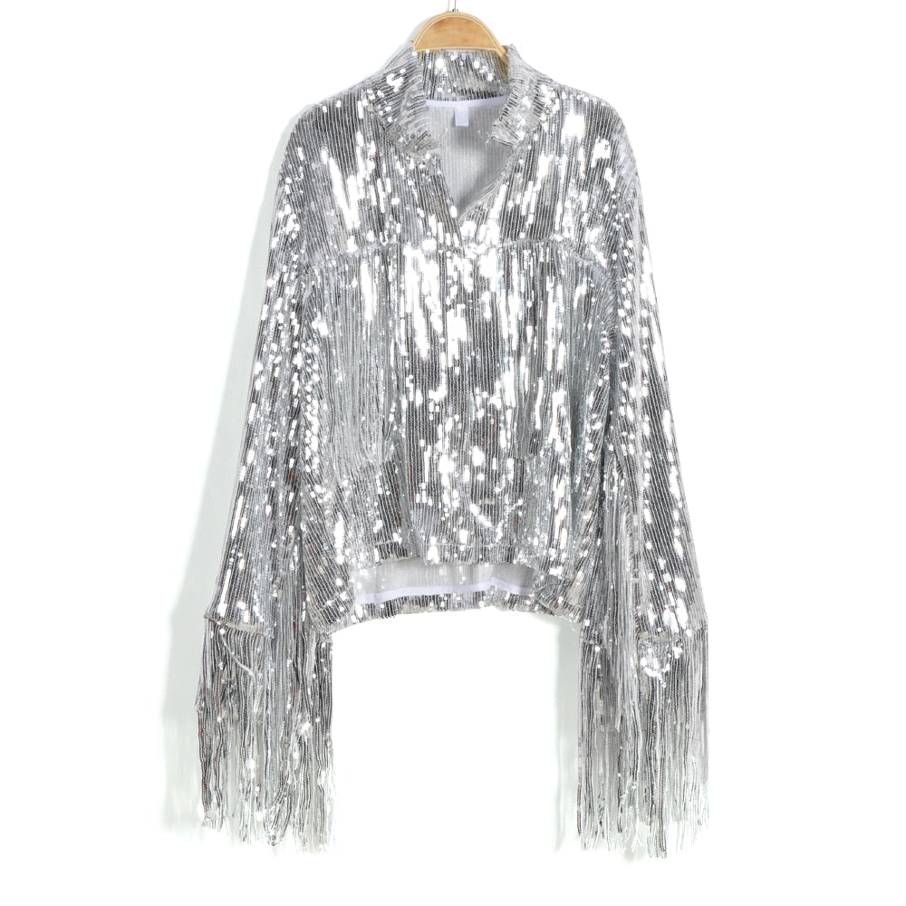 Sequin Metallic Tassel Fringed Beaded Bomber Jacket