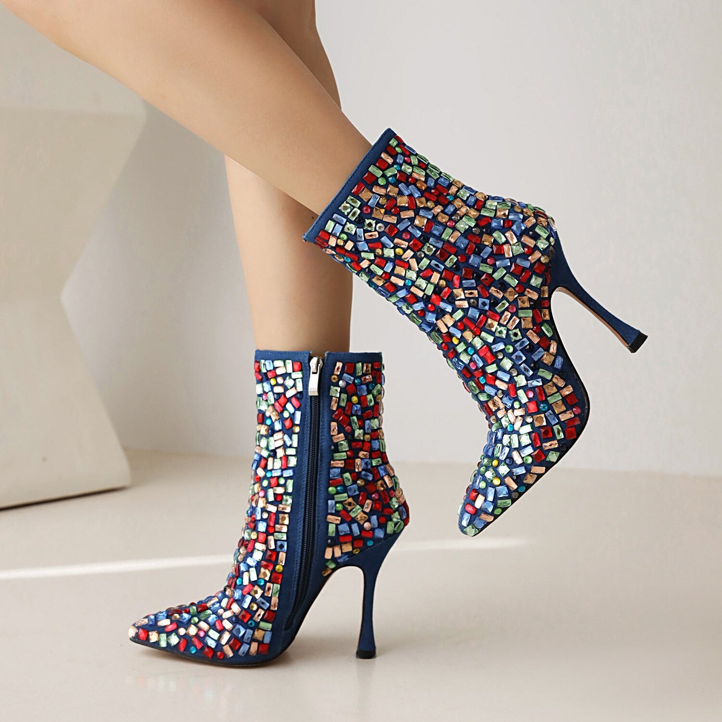 Pearl Studded Colored Rhinestone Round Toe Stiletto Ladies Ankle Boots