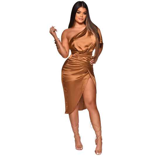 Satin Asymmetrical One-Sleeve Irregular Bodycon Side Slit Dress