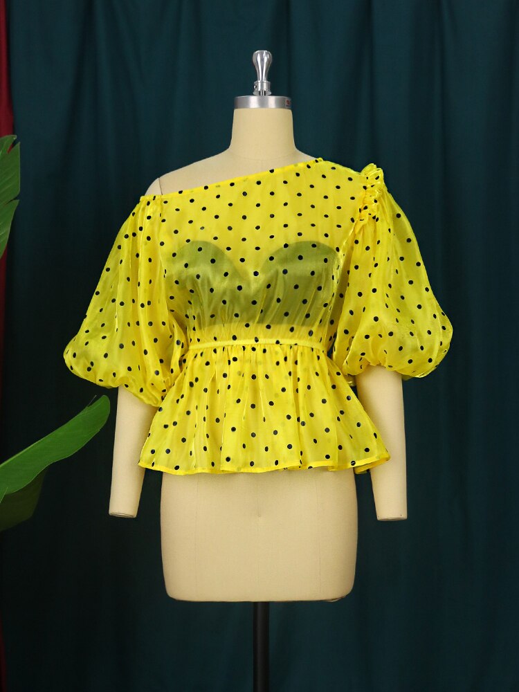 Off-the-Shoulder Yellow Polka Dot Short Puff Sleeve Blouse to 4X