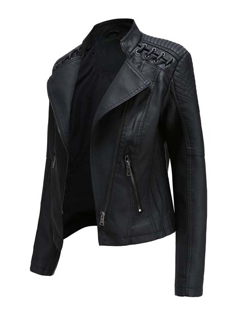 Faux Leather Ladies Zipper Slim Biker Motorcycle Jacket