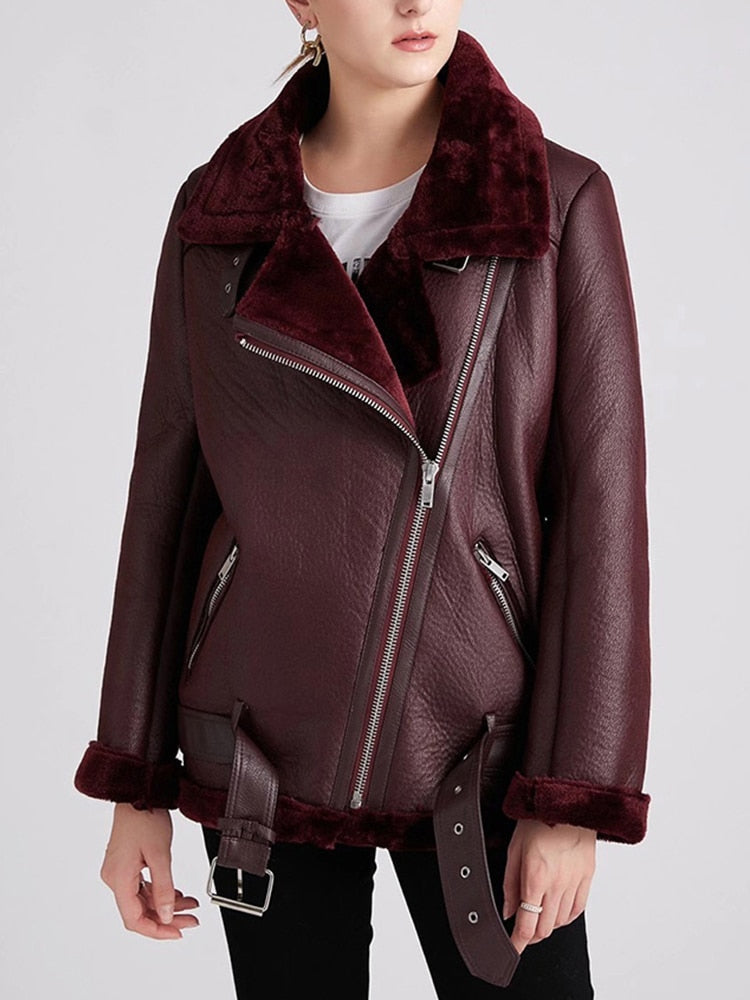 Fur Lined Faux Leather Aviator Jacket