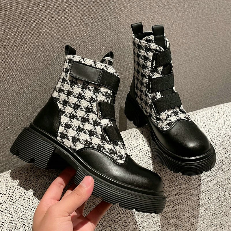 Ladies Genuine Cow Leather Houndstooth Plaid Checked Round Toe Ankle Boots