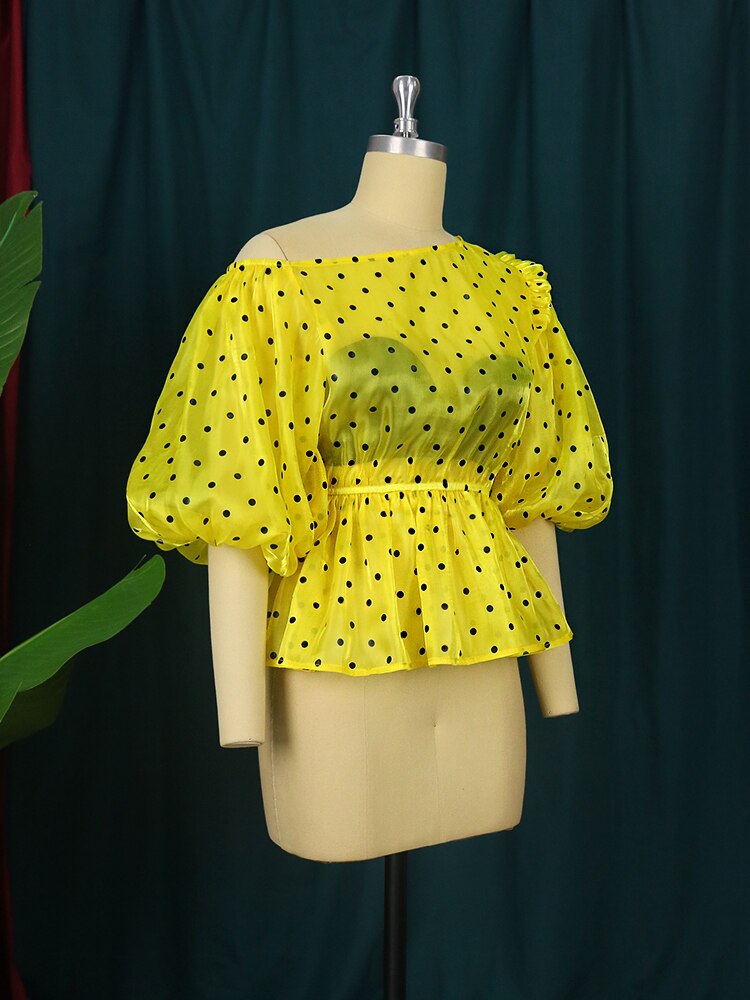 Off-the-Shoulder Yellow Polka Dot Short Puff Sleeve Blouse to 4X