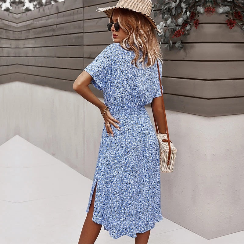 Floral Printed Turn-Down Collar Short Sleeve Bohemian Dress Midi w/ Sash Belt