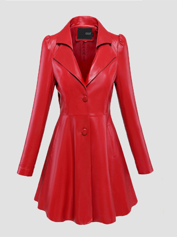 Notched Lapel PU Leather Puff Sleeve Skirted Blazer Style 3/4 Length Coat to 7X Plus