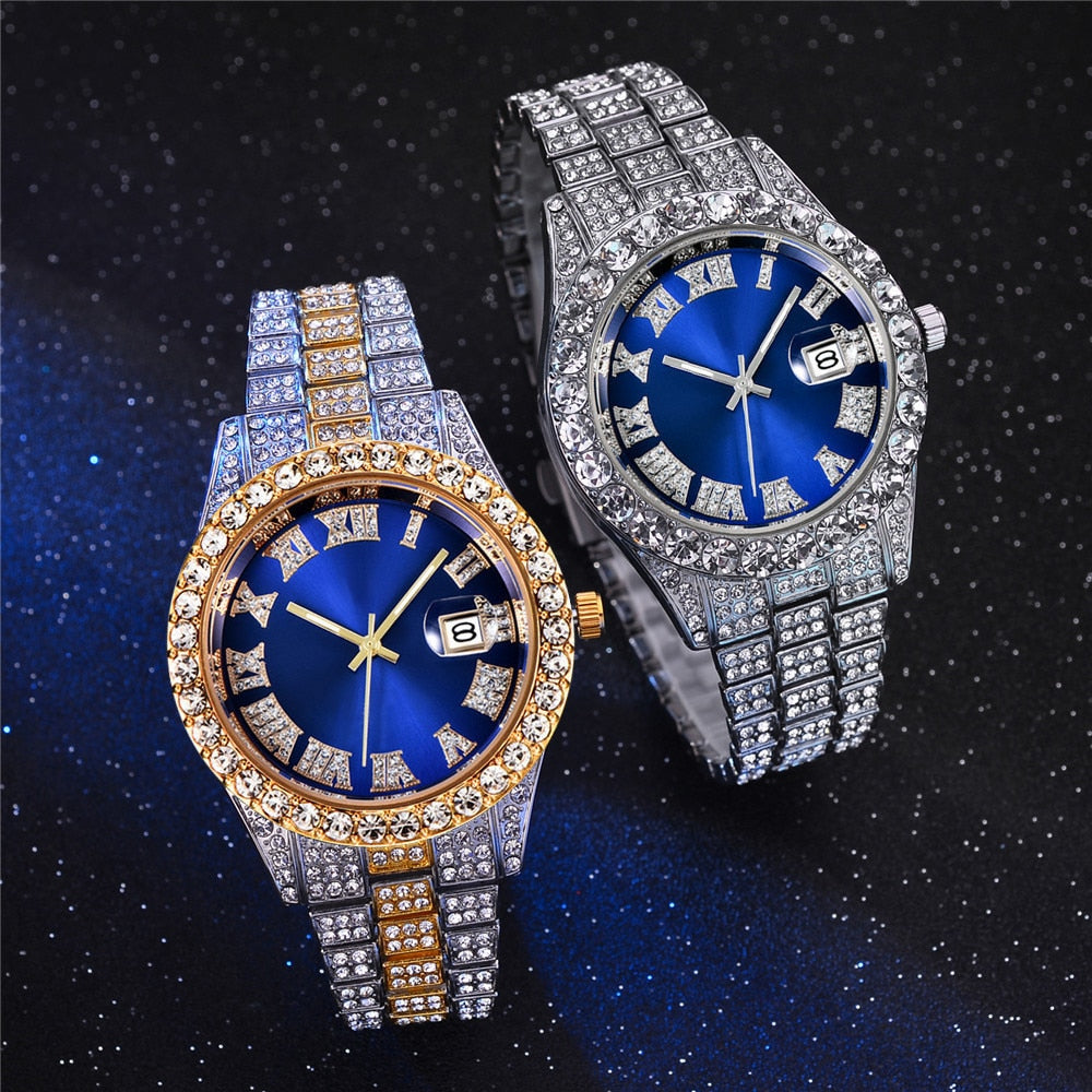 Colored Iced Out Full Diamond Around Luxury Quartz Men's Watches Silve