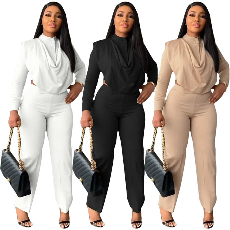 Long Sleeve Ruched Crop Top & Pants Business Set