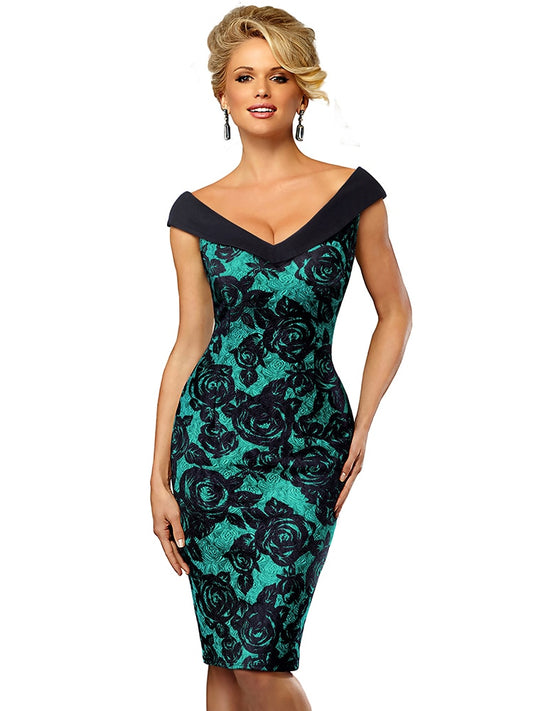 Contrast Color Flower Off Shoulder Bodycon Dress