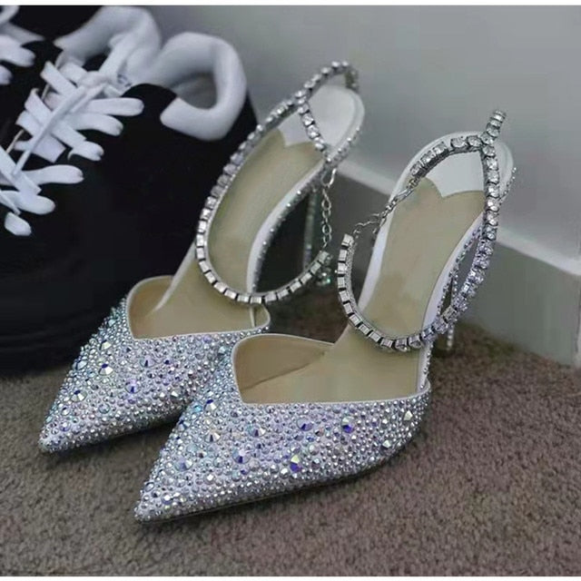 Satin Rhinestone Chain Solid Women's High Heel Ankle Strap Pumps