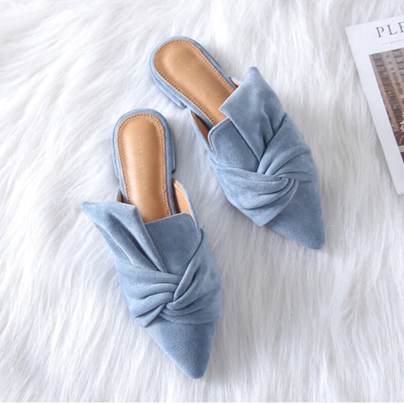 Ladies Mules Flock Bow-Knot Flats Fashion Pointed Toe Office Shoes