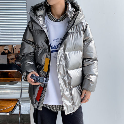 Metallic Shiny Men's Hooded Cotton Padded Puffer Bomber Jacket