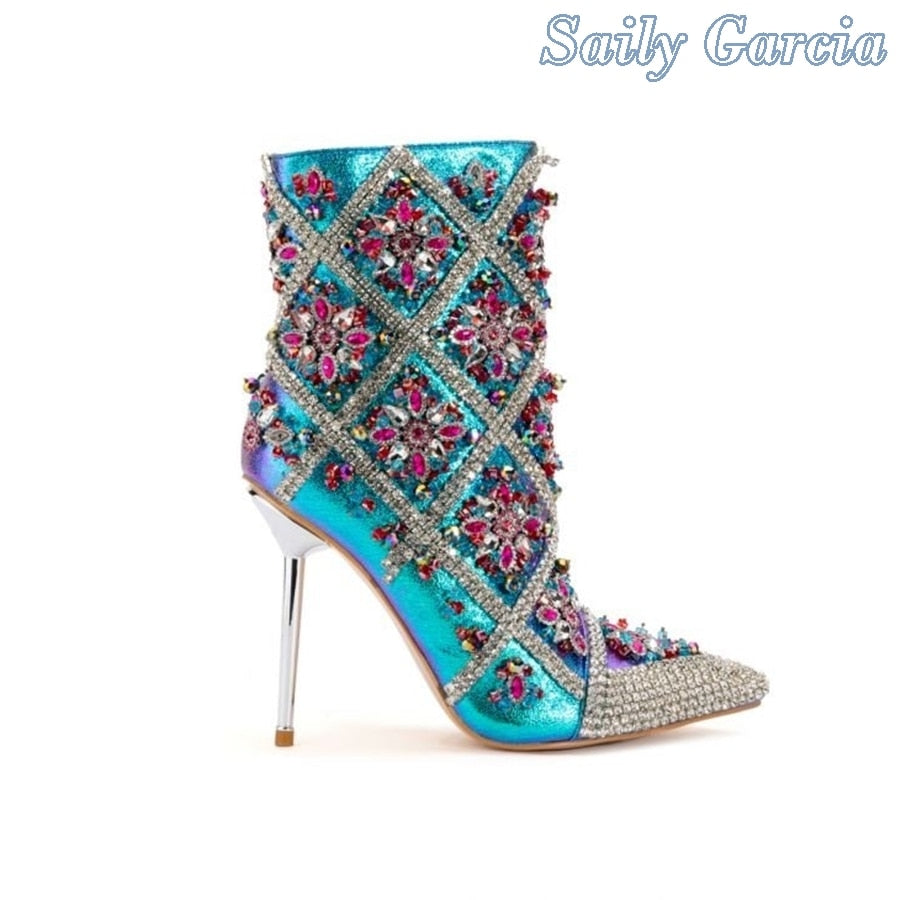 Rhinestone Decorated Stiletetto Heel Pointed Toe Ankle Boots