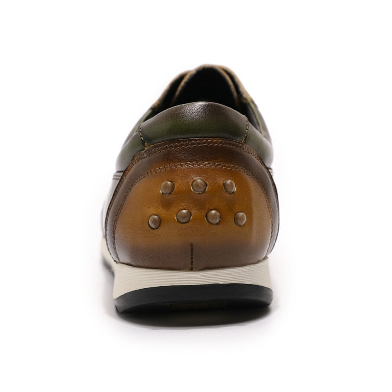 Men's Green/Brown Genuine Leather Hand Painted Oxford Lace-Up Sneakers