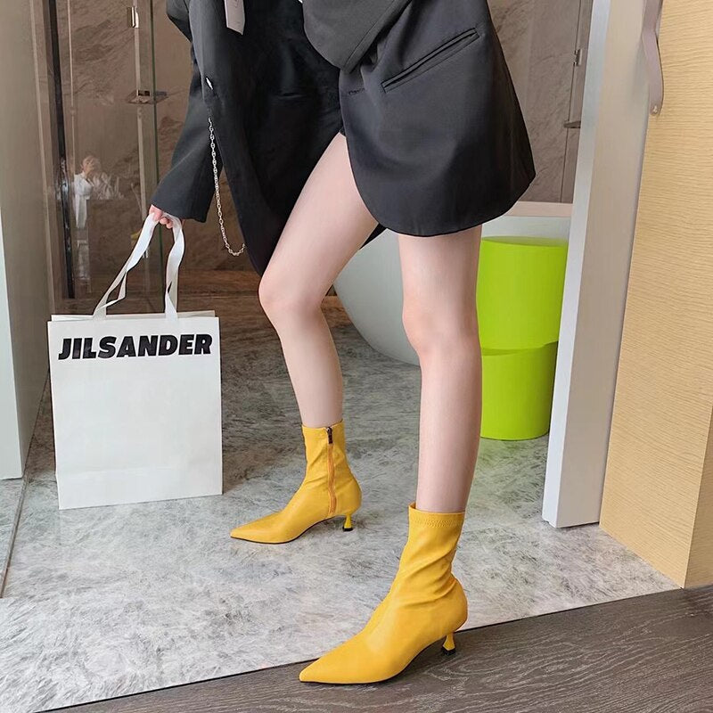 Pointed Toe Stretch Shoes Thin Mid Heel Side Zipper Ankle Boots