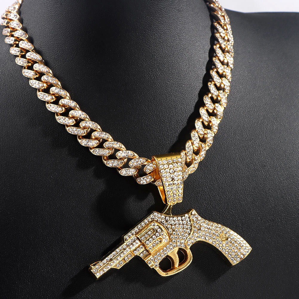 Bling Iced Out Revolver Gun Pendant Necklace With 13mm Crystal Cuban Link Chain Necklace