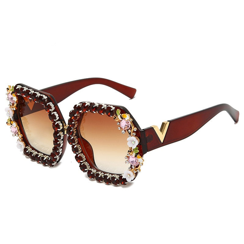 Floral Square Rhinestone Diamond Bling Sunglasses