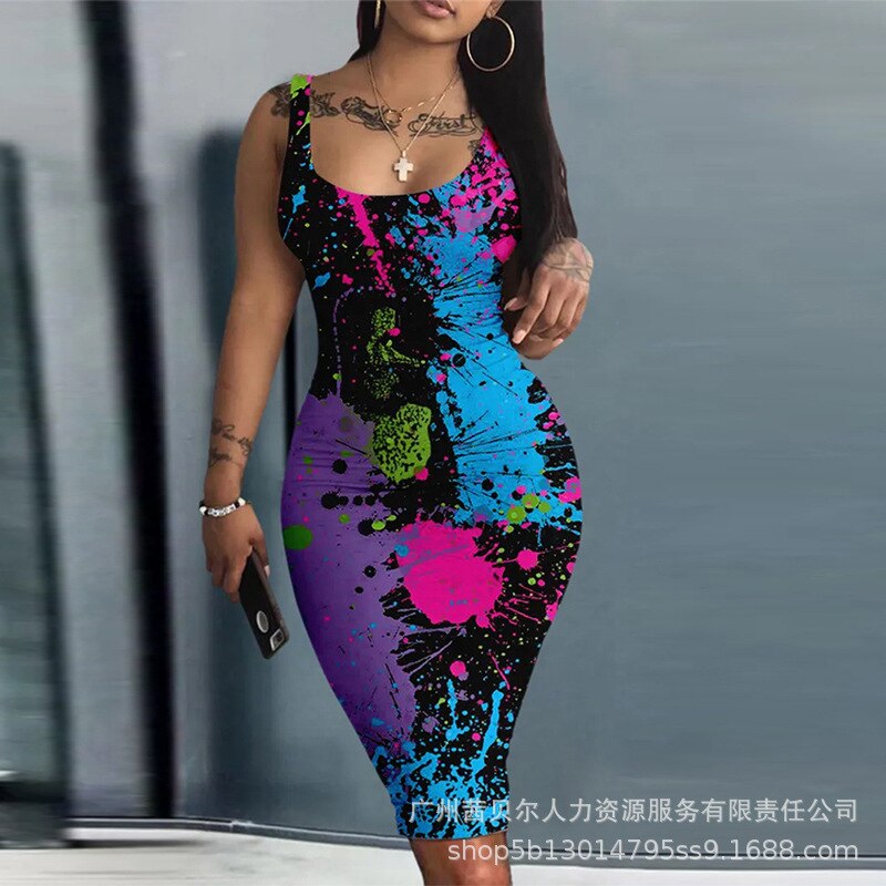 Sleeveless Bodycon U-Neck Abstract Skinny Dress