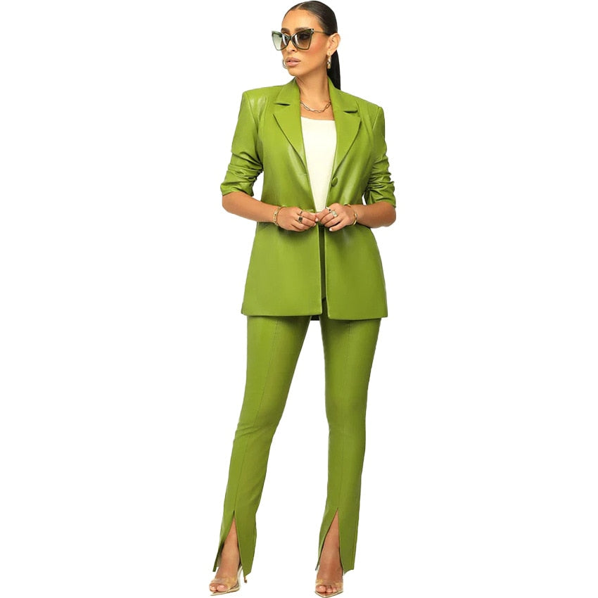 PU Leather Women's Notch Neck Blazer & Pants Office Suit