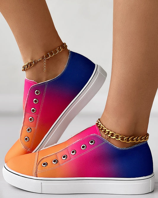 Gradient Ombre Rainbow Colorblock Eyelet Slip On Canvas Sneakers