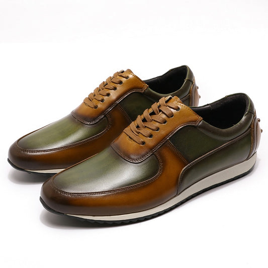 Men's Green/Brown Genuine Leather Hand Painted Oxford Lace-Up Sneakers