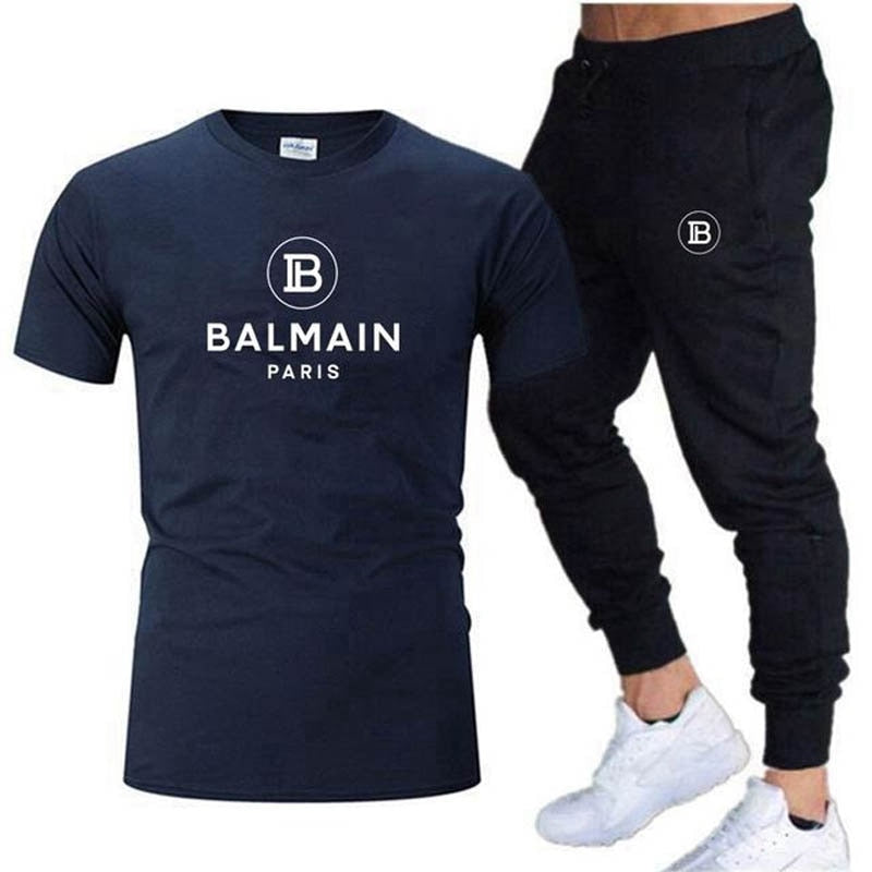 Men's Balmain Cotton T-shirt + Jogging Pants 2-Piece Set