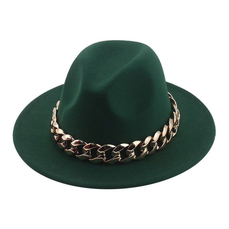 Unisex Gold Chain Design Wide Brim Panama Fedora Hat