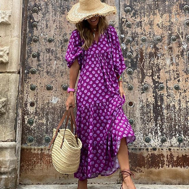 Geometric Dot Floral Puff Sleeve Maxi Drawstring Loose Dress