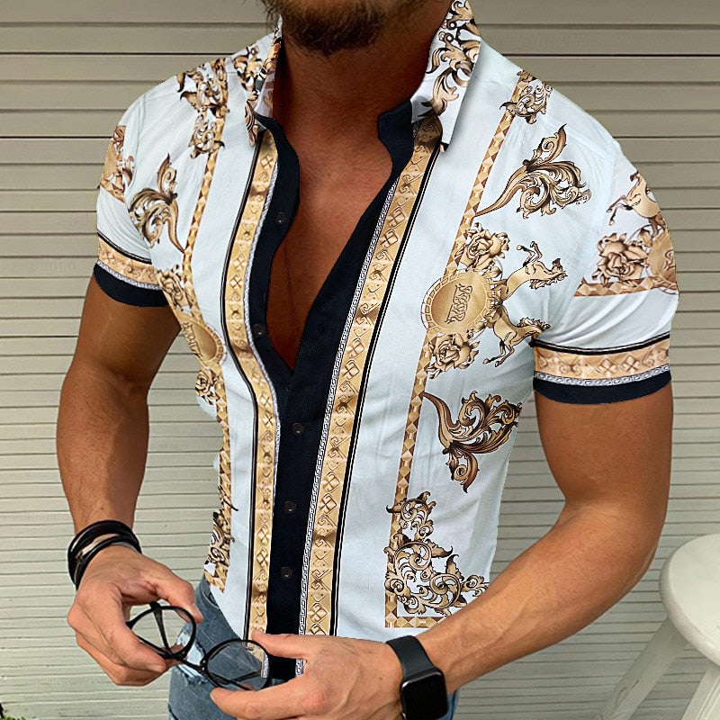 Ethnic Men's Print Stand Collar Short Sleeve Loose Hawaiian Shirt