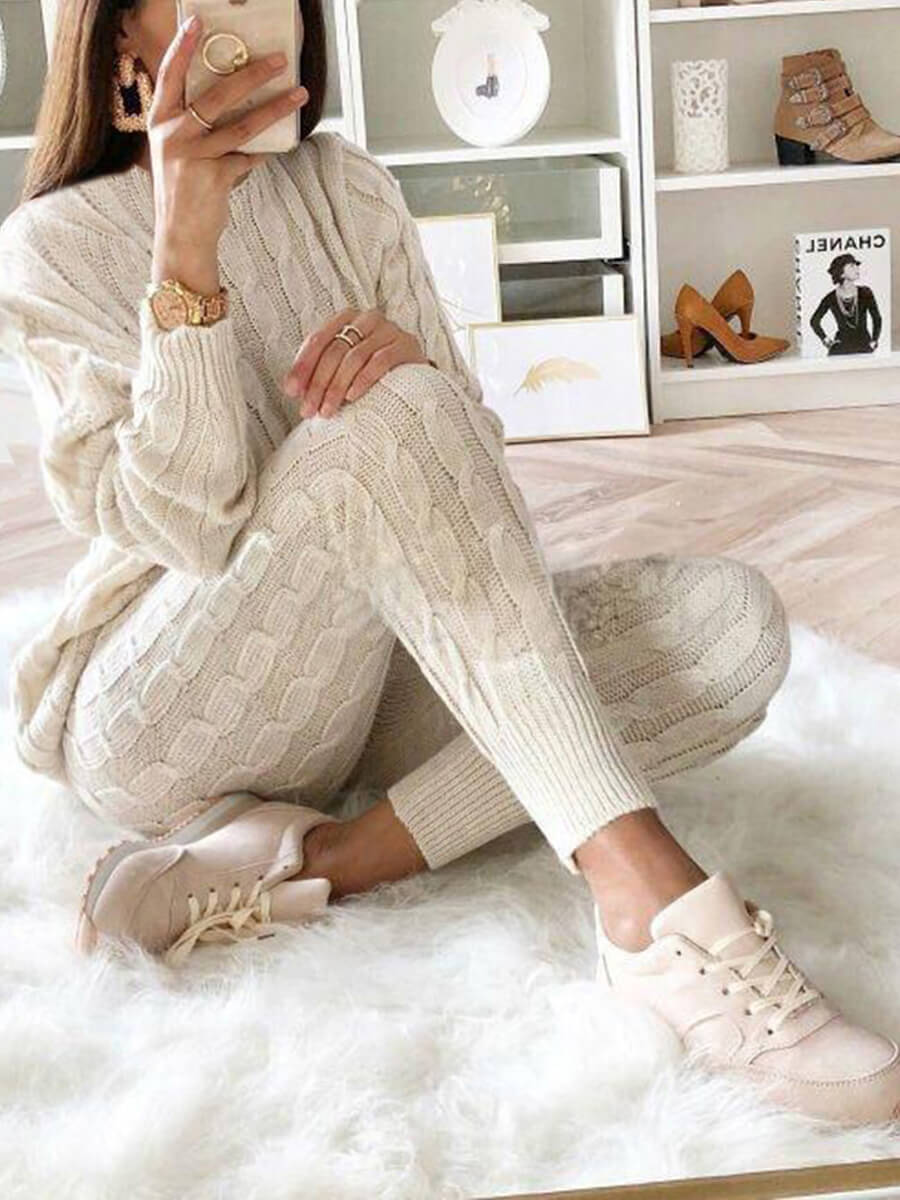 Dropped Shoulder 2-Piece Sweater Set w/ Knitted Pants to 5X