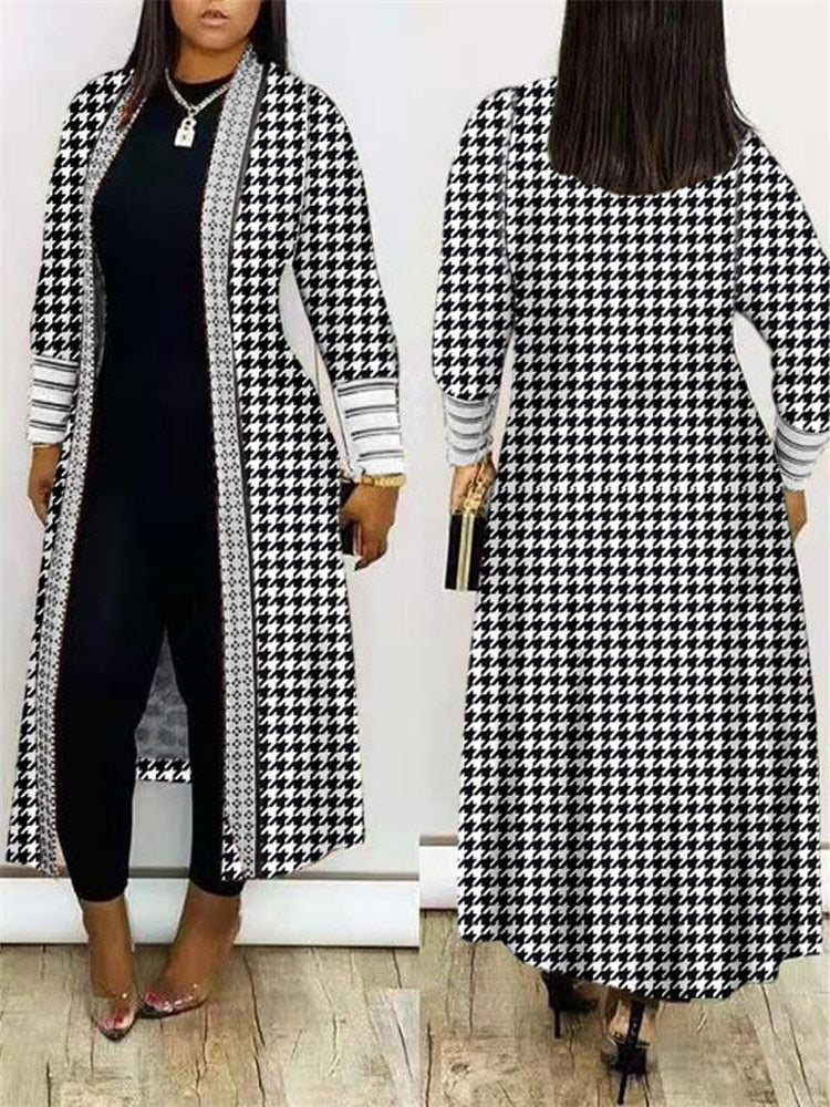 Houndstooth/Geometric Print/Camoflauge Oversize Maxi Cardigan Plus Size Sweaters to 4X