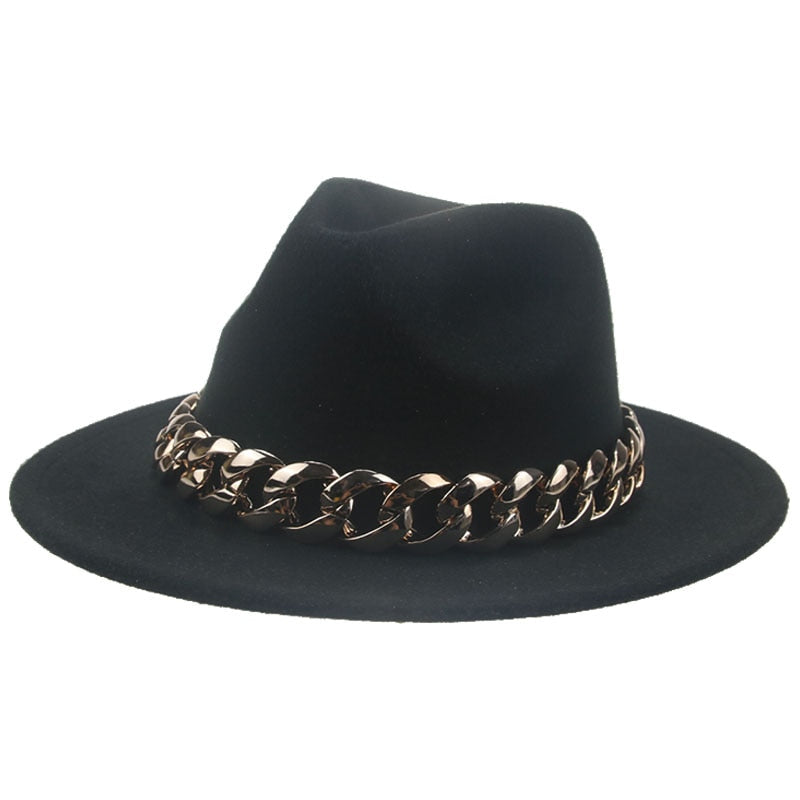 Unisex Gold Chain Design Wide Brim Panama Fedora Hat