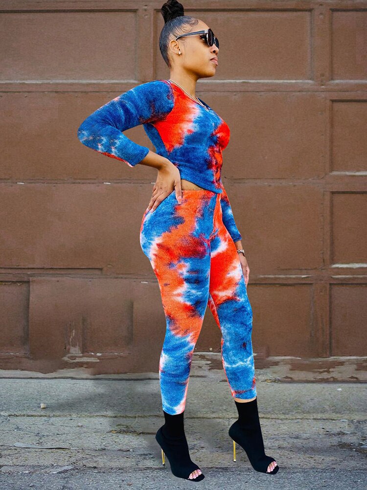 Tie Dye Print O-Neck Long Sleeve Crop Top + High Waist Pencil Legging 2-Piece Set