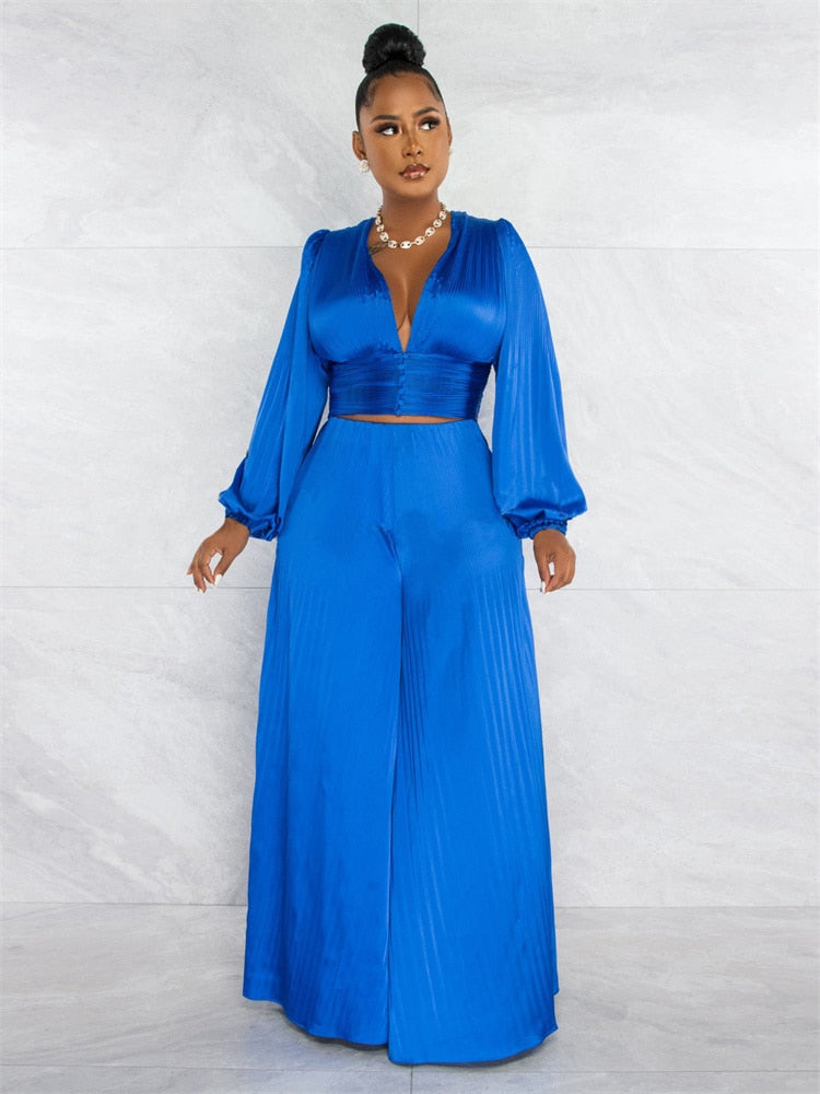 Satin Cropped Solid Women's Long Sleeve V-Neck Top & Wide Leg Pants 2-Piece Set