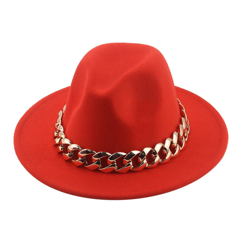 Unisex Gold Chain Design Wide Brim Panama Fedora Hat