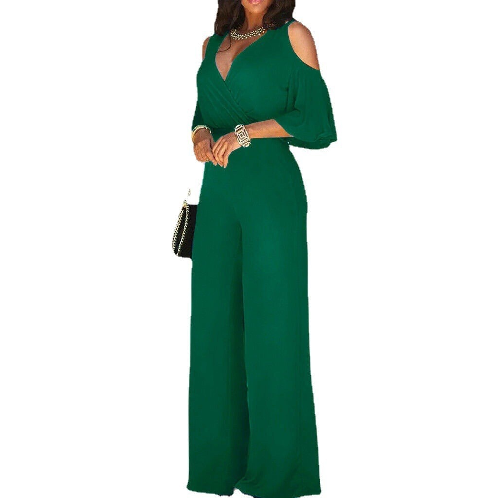 Bandage V-Neck Wide Leg Long Sleeved Jumpsuit