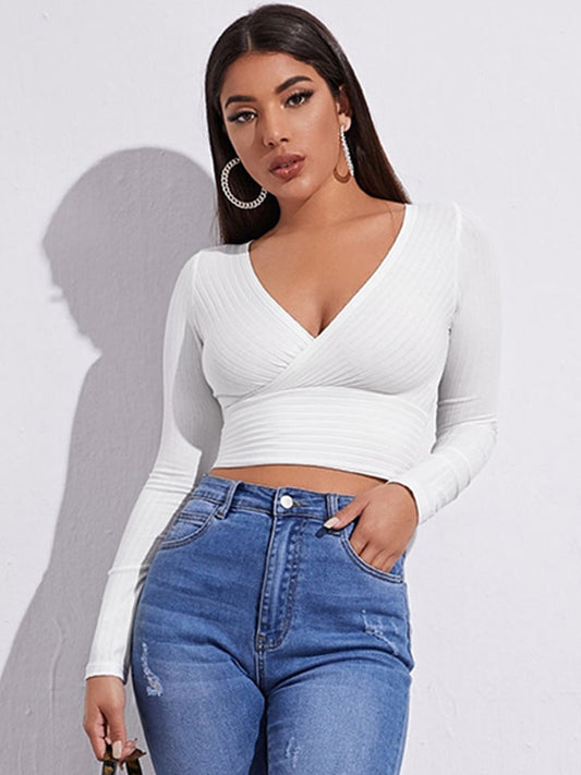 Cropped Long Sleeve V-Collar Bare Midriff Stretch Top