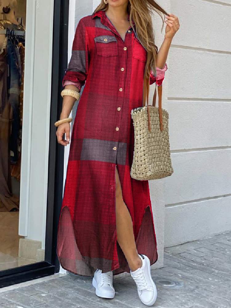 Plaid Colorblock Long Sleeve Maxi Shirt Dress