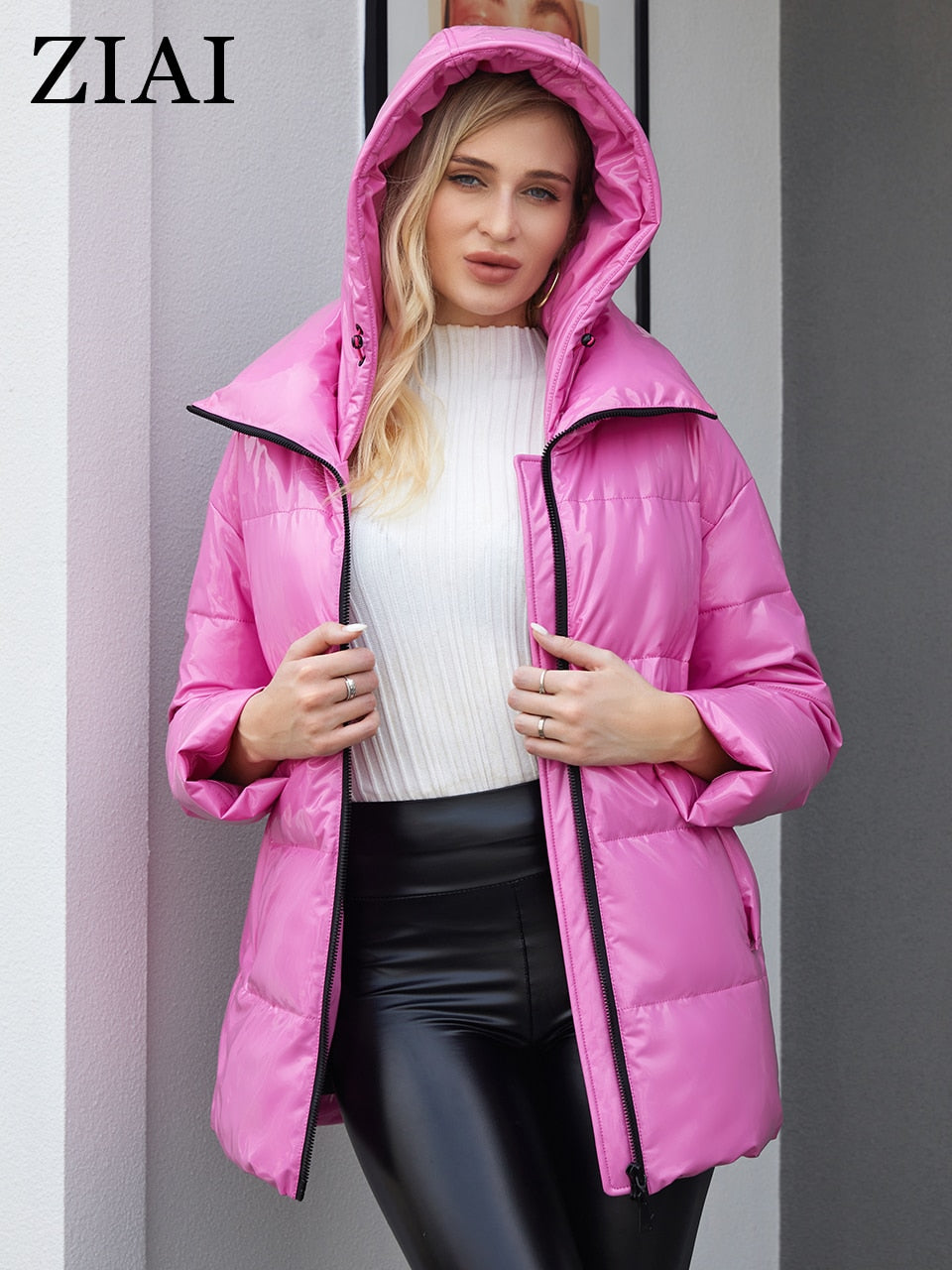 Pink Hooded Quilted Women's Coat