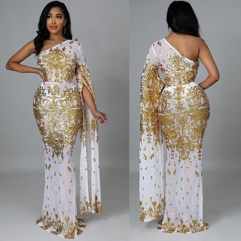 Sparkling Gold Sequin One Shoulder Sheer Mesh Maxi Bodycon Evening Gown