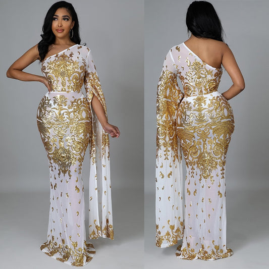 Sparkling Metallic Gold/White or Solid Black Sequin One Shoulder Sheer Mesh Maxi Bodycon Evening Gown w/ Sweep Train