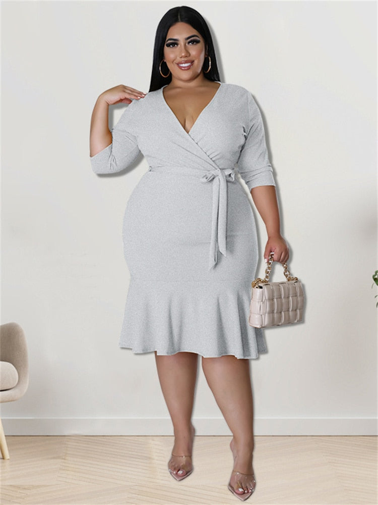 Ruffled Hem Solid Deep V-Neck Bandage Plus Size Midi Dress to 4X