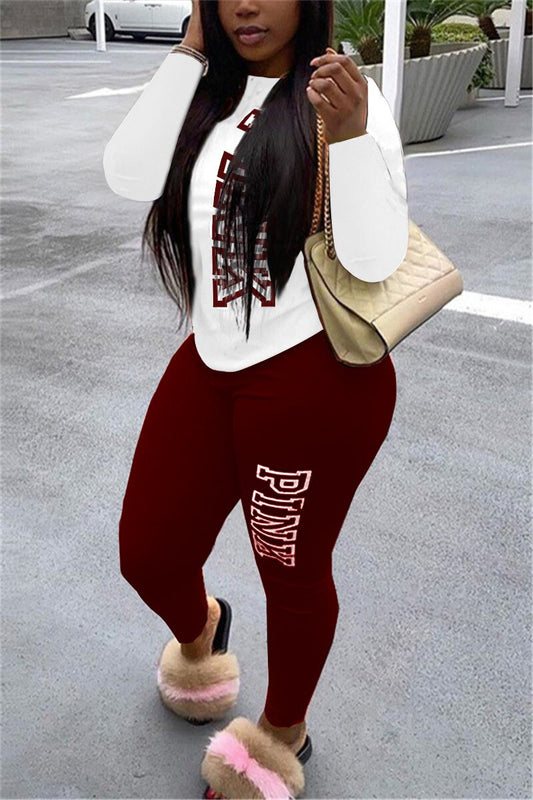 "PINK" O-Neck Letter Print Long Sleeve Women's T-Shirt + Leggings 2-Piece Set to 5X Plus Size