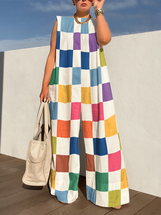 Rainbow Checkered Contrast Color Wide Leg Sleeveless Loose Jumpsuit