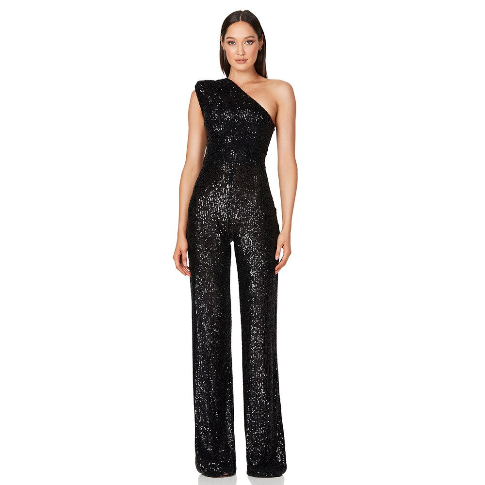 Glitter Asymmetrical Sequin V-Neck One Shoulder Wide Leg Jumpsuit