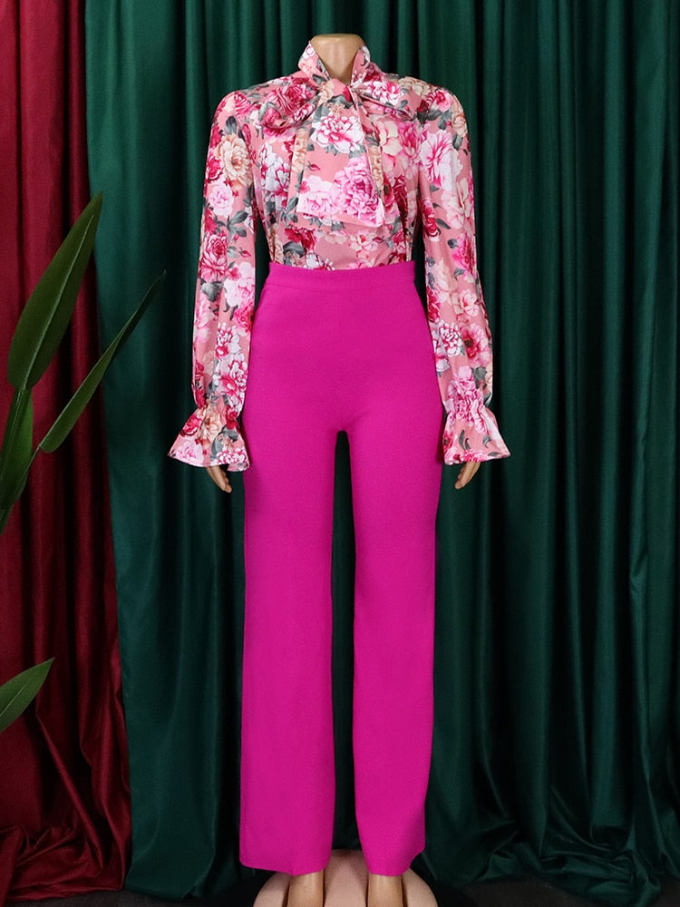 Printed Long Sleeve  Blouse + High Waist Trouser Slacks 2-Piece Set